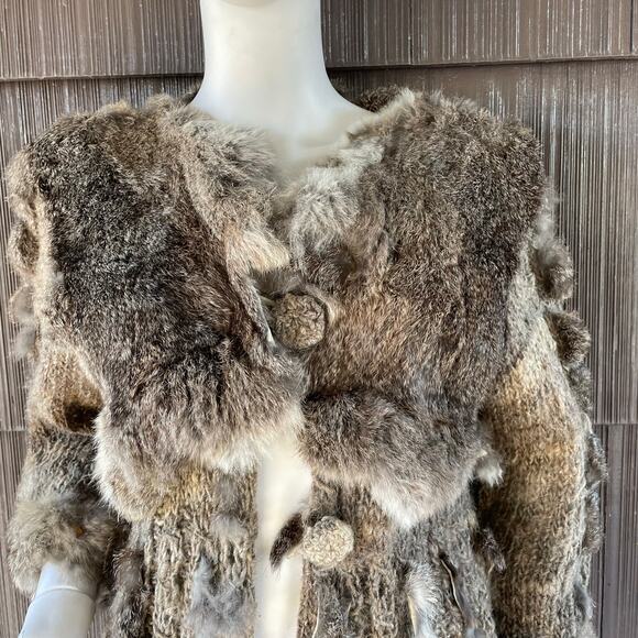 š„Vintage Real Rabbit Fur Bohemian Hippie Funky Shaggy Chunky Knit Coat Cardigan - Picture 3 of 17